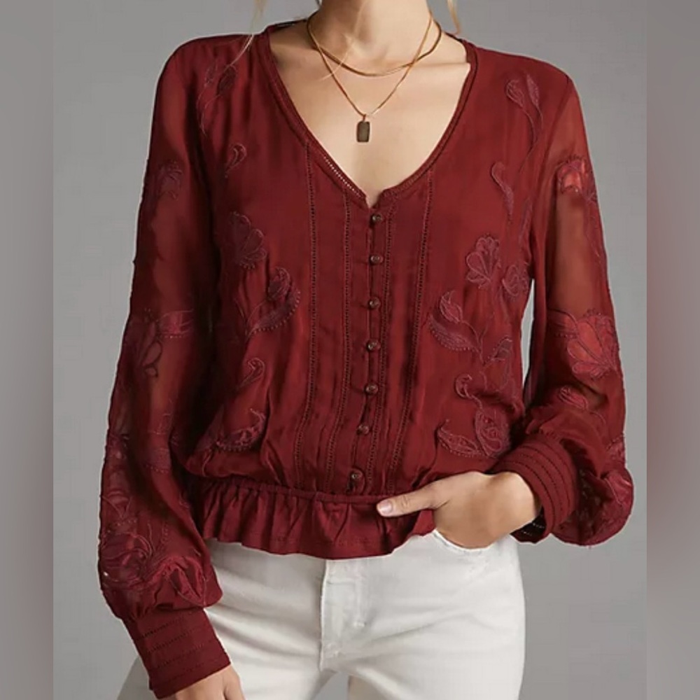 Anthropologie Embroidered Wine Blouse